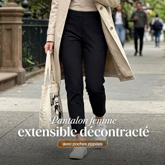 👖 54 % DE RÉDUCTION EN CE MOMENT ! 💐 Pantalon élastiqué taille haute pour femme avec poches zippées – Pantalon court extensible et infroissable