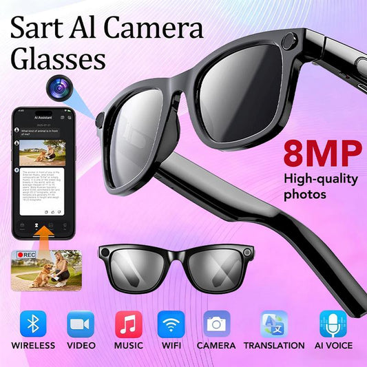 Lunettes IA – 8MP, 4K, traduction 160+ langues, Bluetooth 5.4, son HiFi. 🕶️