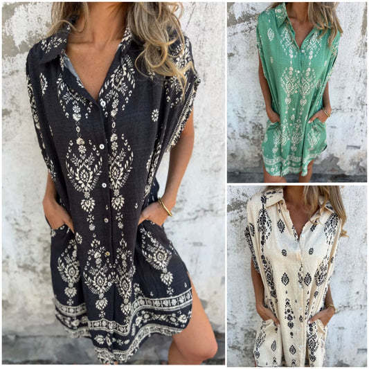 💞50% de réduction💞Classic robe en coton lin imprimé【S-3XL】