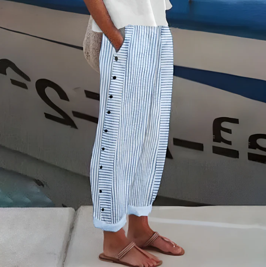 ☀️ Promotion de printemps – 50 % DE RÉDUCTION !! 🌿🌸 Pantalon rayé bleu confortable avec poches latérales