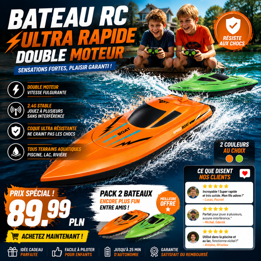 🎮PROMO FLASH 54%🚢Bateau Radiocommandé Haute Vitesse 2.4GHz – Double Moteur, Coque Étanche, 2 Couleurs, 27cm, Parfait pour Piscine & Lac⚡