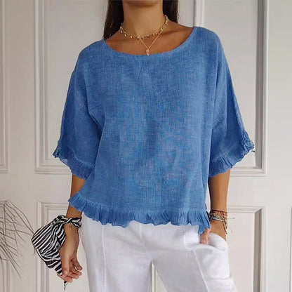 🔥🎁Round Neck Ruffled Hem Mid-sleeve Cotton and Linen Top