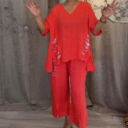 💥【Livraison Gratuite】Réduction limitée de 49% 💕Ensemble deux pièces col V en coton et lin pour femme