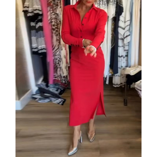 💖Robe Sexy Rouge à Manches Longues avec Col à Revers pour Femme👗