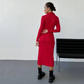💖Robe Sexy Rouge à Manches Longues avec Col à Revers pour Femme👗