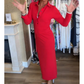 💖Robe Sexy Rouge à Manches Longues avec Col à Revers pour Femme👗