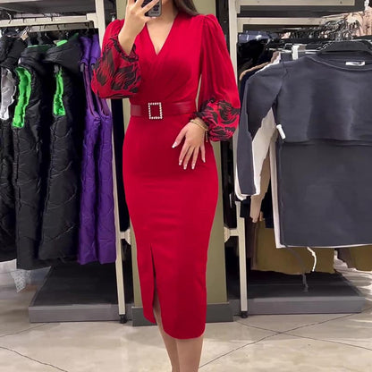 🎄Vente du Black Friday -50%🎅Robe élégante à col en V pour femme en rouge