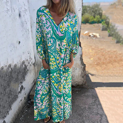 🌸Spring Specials👗🌸 Robe longue bohème à col en V imprimée abstraite pour femme