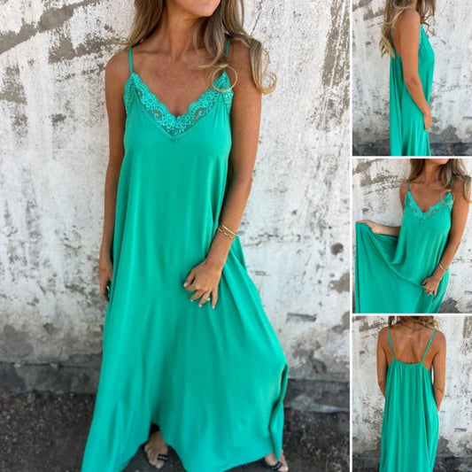 🌸Promotions de printemps💐  Robe longue élégante à col en V et à bretelles spaghetti, bordée de dentelle, pour femmes