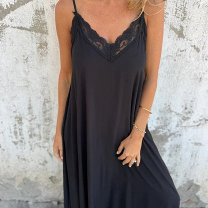 🌸Promotions de printemps💐  Robe longue élégante à col en V et à bretelles spaghetti, bordée de dentelle, pour femmes