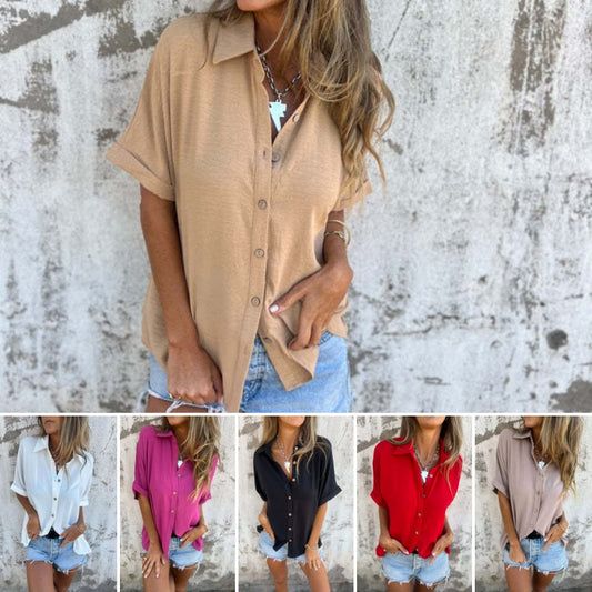 🌸Promotions de printemps💐👗 Chemise décontractée à coupe ample de couleur unie pour femmes