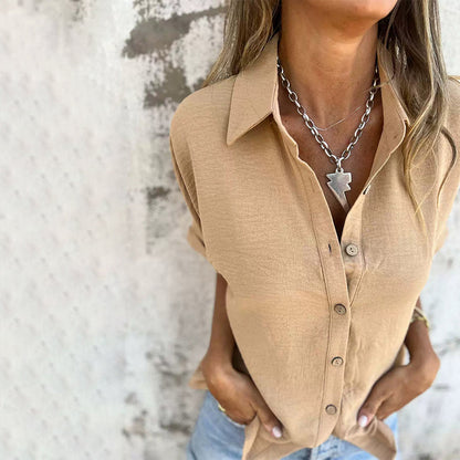 🌸Promotions de printemps💐👗 Chemise décontractée à coupe ample de couleur unie pour femmes