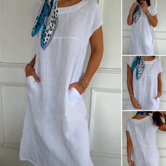 🏖️Soldes d'été 50% de réduction🌼Robe en coton à manches courtes à col rond pour femmes