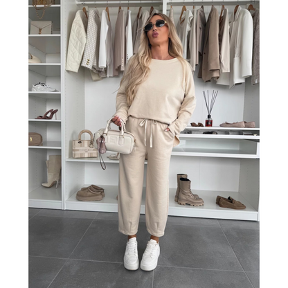 ✨ 2025 La grande braderie de printemps 🧥Top à col rond et pantalon ample de couleur unie 2-PCS👖