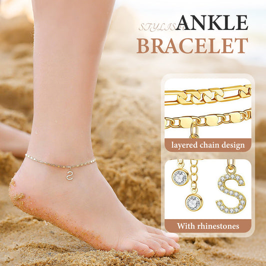 🌟🌹✨ PROMO LIMITÉE -56% ! Bracelet de Cheville Doré Superposé pour Femmes – Pailleté, Réglable & 2 Pièces (Or)