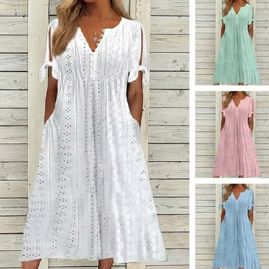 👗 53% DE RÉDUCTION ✨ Robe élégante femme avec décolleté en V et découpes – Taille fluide, respirante & parfaite pour les soirées d’été ou les occasions spéciales 💃