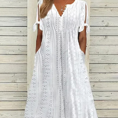 👗 53% DE RÉDUCTION ✨ Robe élégante femme avec décolleté en V et découpes – Taille fluide, respirante & parfaite pour les soirées d’été ou les occasions spéciales 💃
