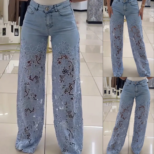Jeans en denim patchwork avec dentelle à la mode