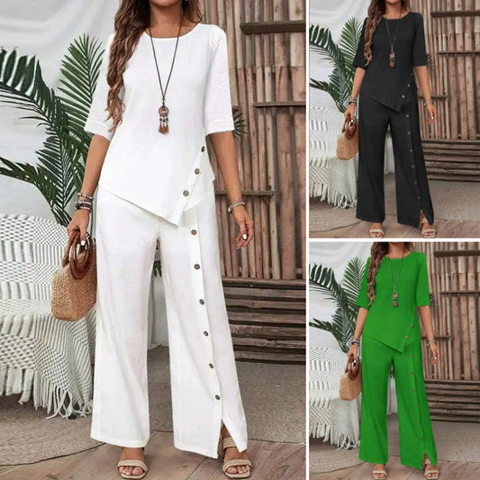 👚 55% DE RÉDUCTION! 🌸 Ensemble Deux Pièces pour Femme – Top avec Ourlet Asymétrique & Pantalon à Jambes Larges, Look Moderne & Confortable 💃