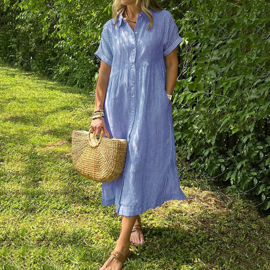 💎 57% DE RÉDUCTION ! 💎💃 Robe Chemise Rayée à Revers et Boutons – Poches Fonctionnelles, Coupe Loose & Élégance Intemporelle 🌟👗