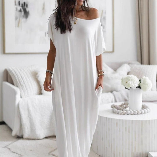 🔥 Offre spéciale du dernier jour : 54 % de réduction ✨💃 Robe d'été longue et décontractée pour femme, manches courtes, couleur unie