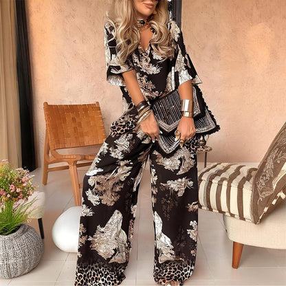 🌸 52% DE RÉDUCTION ✨ Haut imprimé à col en V + pantalon long – Style élégant et léger pour l'été, confortable & tendance 👖