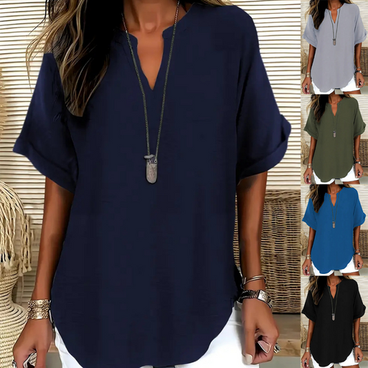 👚 52% DE RÉDUCTION! 🔥 Top Ample à Manches Courtes Tendance – Col en V Cranté, Ourlet Asymétrique & Tissu Léger (5 Couleurs, S–2XL) 🌸
