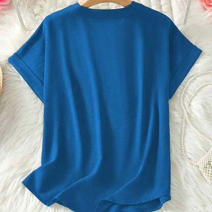 👚 52% DE RÉDUCTION! 🔥 Top Ample à Manches Courtes Tendance – Col en V Cranté, Ourlet Asymétrique & Tissu Léger (5 Couleurs, S–2XL) 🌸