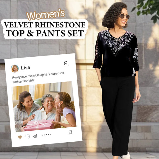 💃Nouveau design 2025🔥Ensemble top et pantalon en velours avec strass pour femme