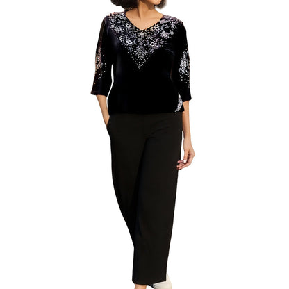 💃Nouveau design 2025🔥Ensemble top et pantalon en velours avec strass pour femme