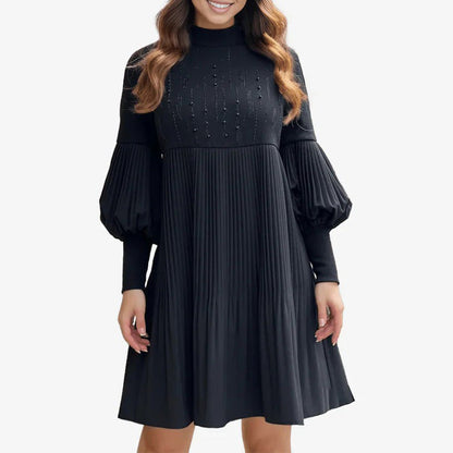 Robe Noire Plissée Élégante avec Manches Lanternes pour Femmes