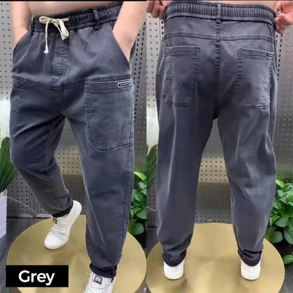Pantalon Élastique en Jeans avec Cordon de Serrage et Six Poches pour Homme