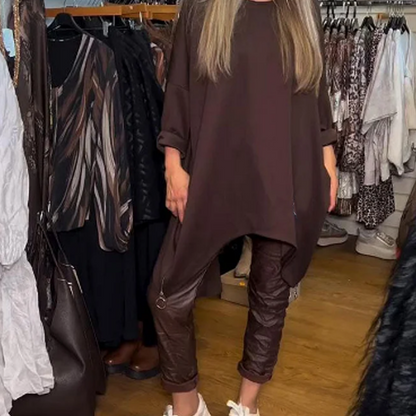 🔥Offre à durée limitée - 🌸Ensemble deux pièces composé d'un haut ample asymétrique et d'un pantalon uni