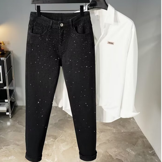 👖 Offre spéciale soldes à -60 % ! ✨ Jean slim noir orné de strass - Confort extensible, style éblouissant 💎🖤