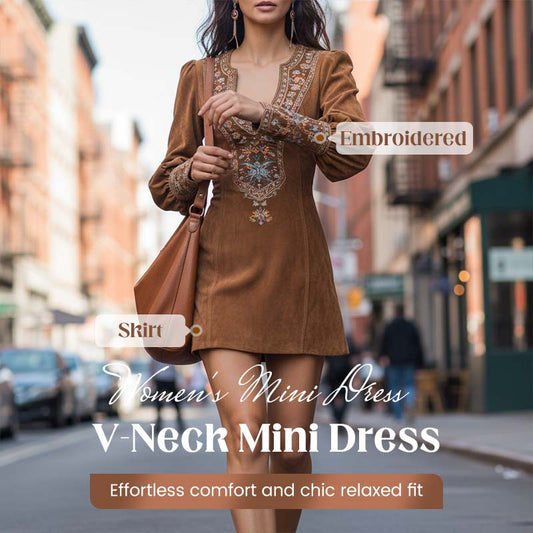 🎆 Offre spéciale Nouvel An — 60 % de réduction ✨ Mini-robe brodée à col en V en simili daim pour femme 🌸 — Exclusivement pour la déesse 💃