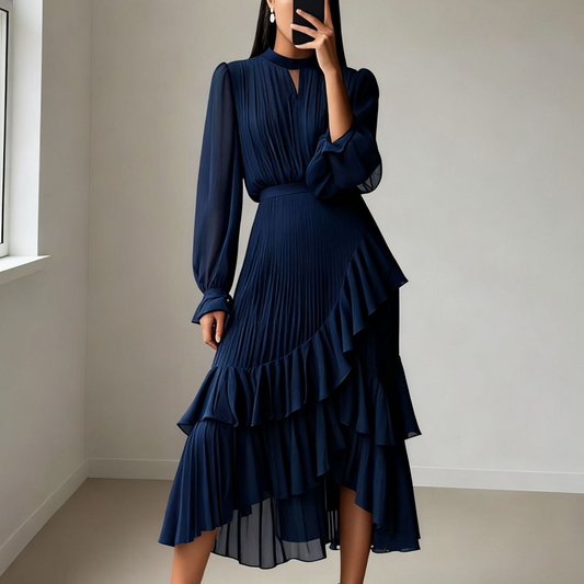 💎 60% DE RÉDUCTION! 💎Robe Midi Plissée pour Femme avec Volants & Encolure en Trou de Serrure – Détails Féminins, Tissu Léger & Look Romantique 💃