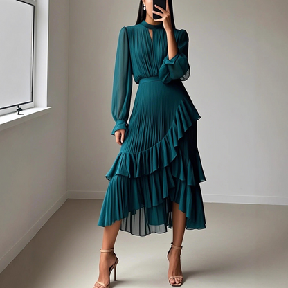 💎 60% DE RÉDUCTION! 💎Robe Midi Plissée pour Femme avec Volants & Encolure en Trou de Serrure – Détails Féminins, Tissu Léger & Look Romantique 💃