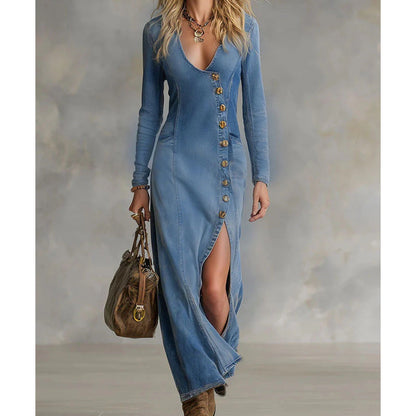 📢📢54% DE RÉDUCTION !! ⏰ Robe Longue à Manches Longues et Col en V pour Femme – Tissu Doux, Coupe Élégante & Silhouette Maxi Fluide 👗💃