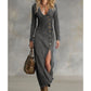 📢📢54% DE RÉDUCTION !! ⏰ Robe Longue à Manches Longues et Col en V pour Femme – Tissu Doux, Coupe Élégante & Silhouette Maxi Fluide 👗💃