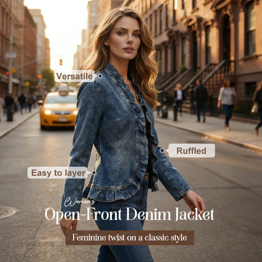 🧥 50 % DE RÉDUCTION !! 🌸 Veste en jean pour femme à volants et devant ouvert – Légère et féminine – Polyvalente et chic 👗