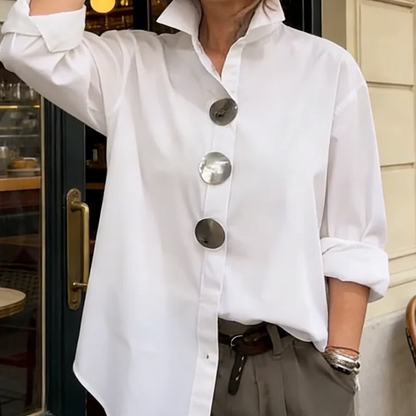 💎 57% DE RÉDUCTION – TEMPS LIMITÉ ! 💎 Chemise Oversize pour Femme avec Boutons Décoratifs – Col Montant, Ourlet Courbé & Polyester Anti-Froissement 👚✨