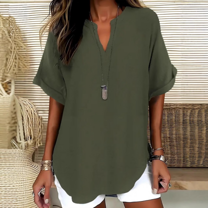 💎 58% DE RÉDUCTION ! 💎 Haut Ample à Manches Courtes & Col en V – Tissu Léger, Ourlet Asymétrique, 5 Couleurs (S–2XL) 👚🌿