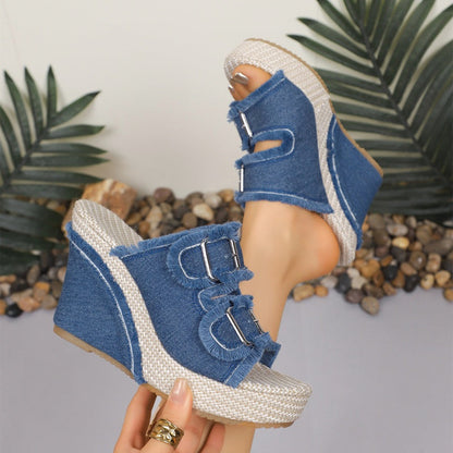 💎 52% DE RÉDUCTION ! 💎 Sandales à Plateforme en Denim – Talon 10 cm, Semelle Antidérapante & Boucle de Ceinture (Tailles 35–43) 👠👖