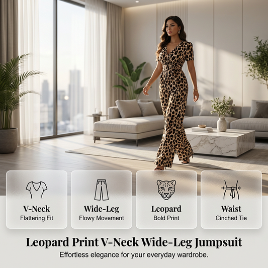 🎁Nouveauté : 52 % de réduction 💥 Combinaison à col en V et jambes larges, imprimé léopard