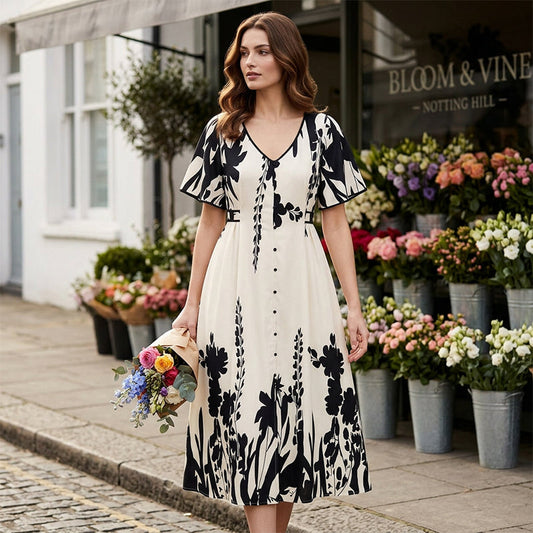 👗 54% de réduction+Livraison gratuite✨💃Robe midi élégante à col en V et imprimé botanique