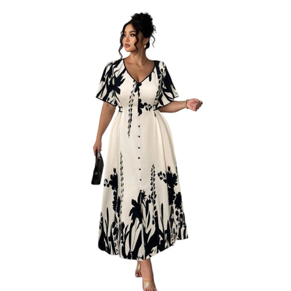 👗 54% de réduction+Livraison gratuite✨💃Robe midi élégante à col en V et imprimé botanique