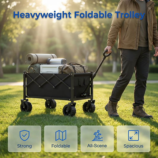 💯🛒 PROMO FLASH 56% ! Chariot Pliable de Transport Extérieur – Cadre Acier, Roues Détachables 360°, Capacité 80kg, 130L, 2 Tailles, Parfait pour Pique-Nique, Plage & Jardinage 🌿