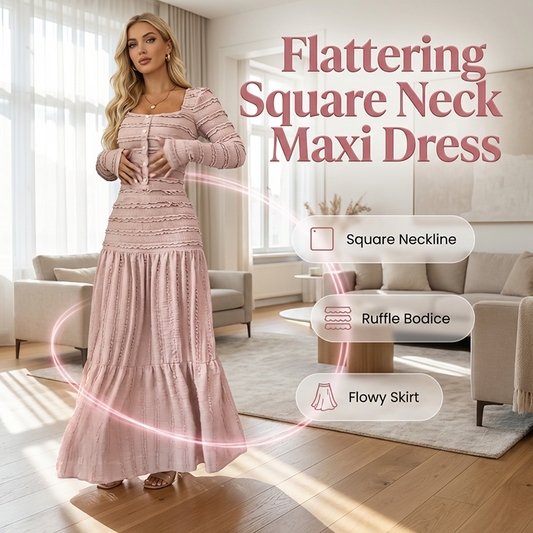 💐60 % de réduction + livraison gratuite🌺Robe Longue à Volants – Corsage Froncé & Encolure Carrée🌺💎【Édition Limitée】
