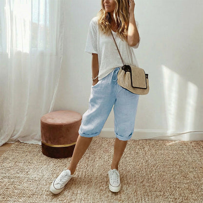 💎 53% DE RÉDUCTION ! 💎Pantacourt décontracté en coton et lin pour femme💃