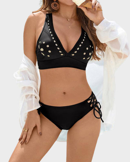 💖DERNIER JOUR DE SOLDES : 50 % DE RÉDUCTION💕Ensemble bikini deux pièces à ficelles et col en V Petal Hollow